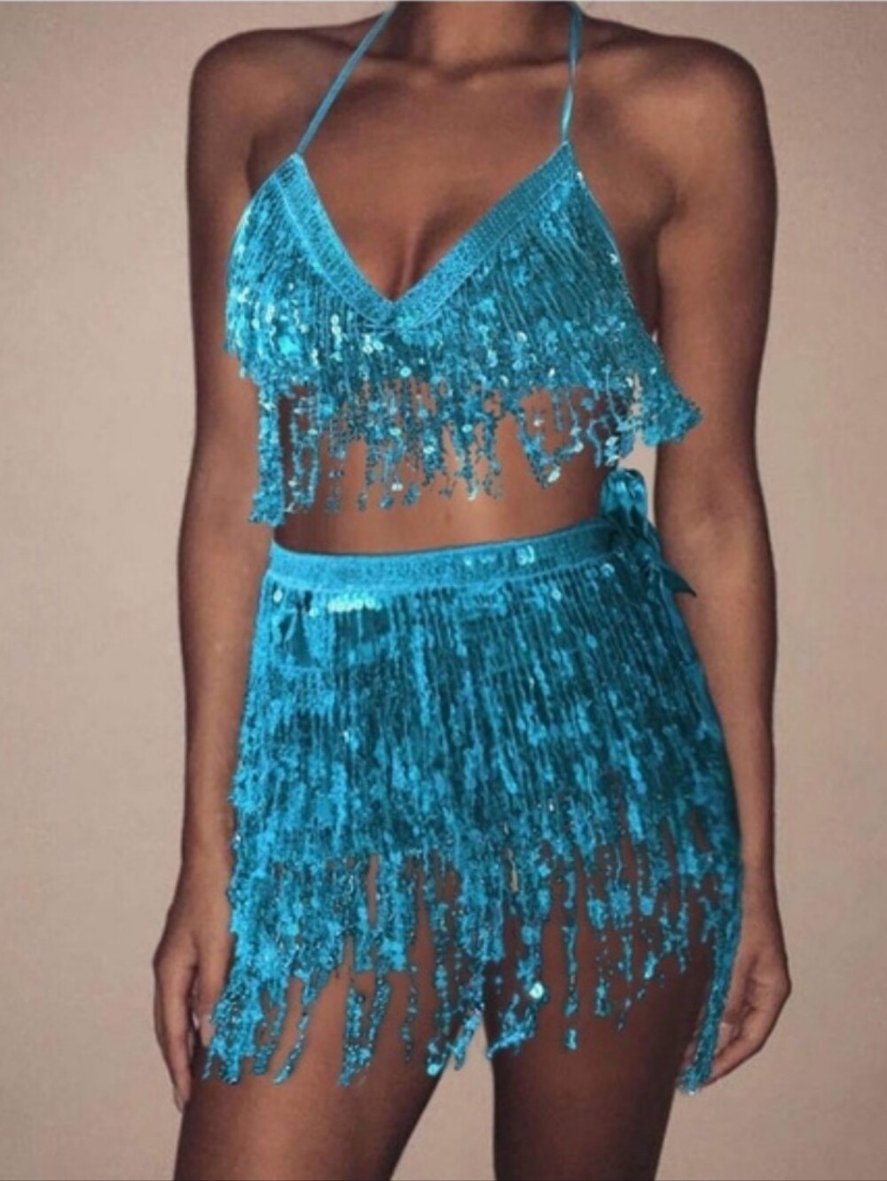 Belly Dance Skirt with Crop Top Sequins Fringe Skirts Set Party Costume OS